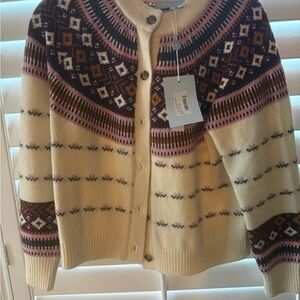 Hill House Cream Fair Isle Cardigan with Pink and Brown Accents